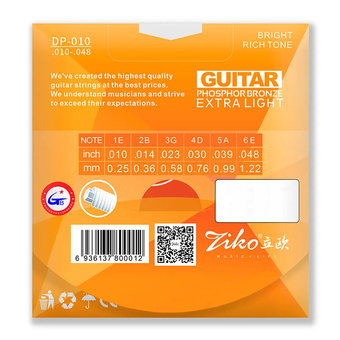 Cuerdas Guitarra Acústica Ziko .10 DP-010 Phosphor Bronze
