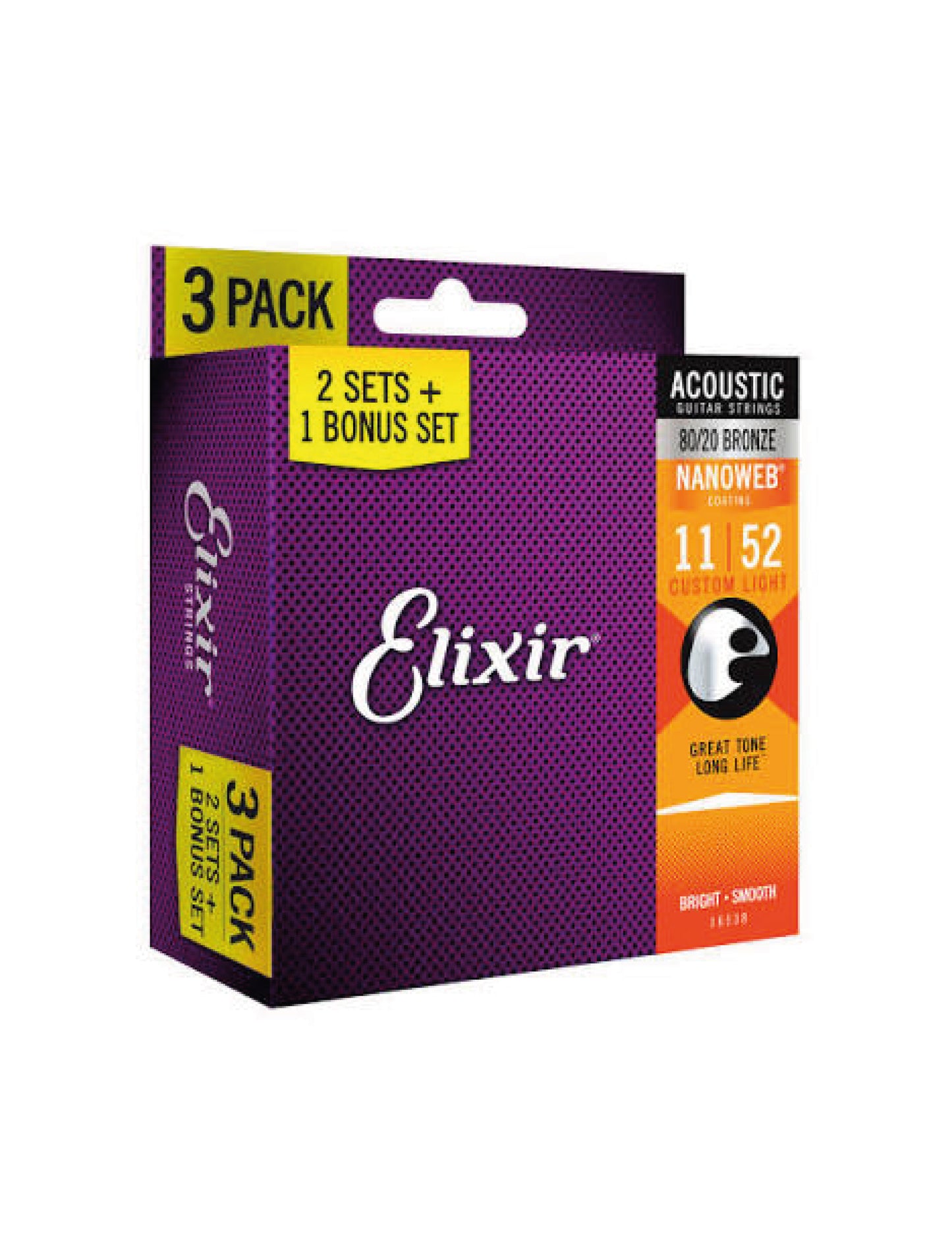 Cuerdas Guitarra acústica Elixir Nanoweb 80/20 Bronze 11/52 3-PACK